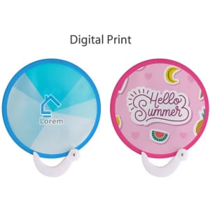A foldable fan with a blue and pink design, featuring a handle and a logo on one side.