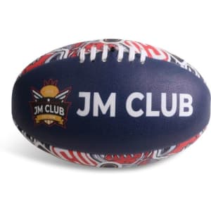 A size 5 training football in navy blue featuring a logo and vibrant red and white patterns.