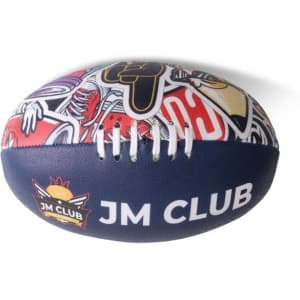 A size 5 training footy ball featuring a vibrant multicoloured design and a blue base with a logo.