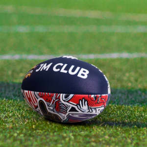 A size 5 training footy ball with a colourful design and a dark blue section featuring a logo.