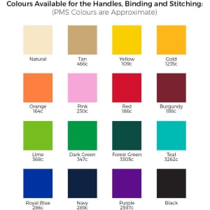 Swatches of various colours for handles, binding, and stitching, including Natural, Tan, Yellow, and more.