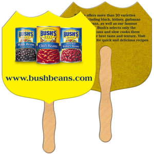 A cardboard fan with a wooden handle featuring a bright yellow design and various bean product images.