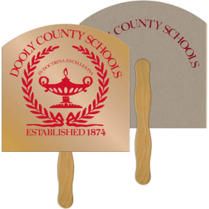 A kraft hand fan featuring a decorative gold and red design, with a wooden handle and branding.