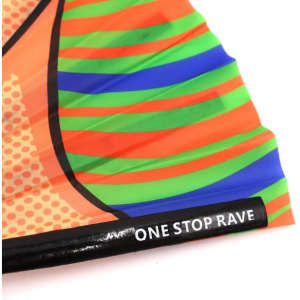 A large bamboo and fabric folding fan featuring vibrant orange, green, and blue patterns, with a black handle and logo.