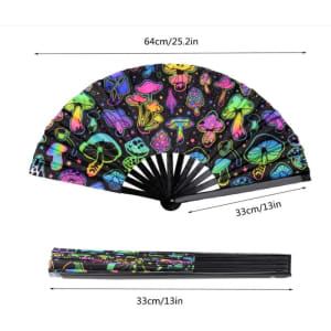 A large folding fan featuring vibrant, multicoloured mushroom designs on a black background, with a black handle.