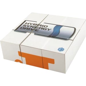 A promotional box featuring a sleek design, predominantly white with blue and orange elements, and a logo on the front.