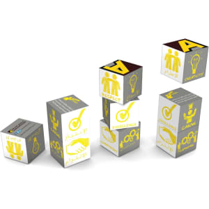 A set of colourful cubes in silver, featuring various symbols and words such as "Respect," "Excellence," and "Creativity."