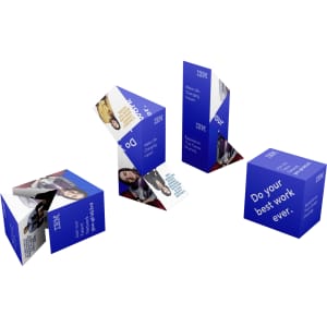 A multi-colored promotional product consisting of triangular promotional blocks featuring images and a logo.