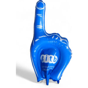 An inflatable blue hand with an index finger raised, featuring a logo.