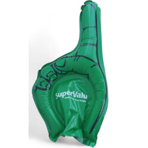 An inflatable hand in bright green, shaped like a thumbs-up, featuring a logo on the palm.