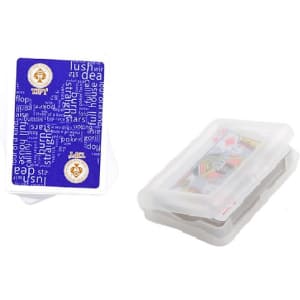 A set of paper playing cards in a clear plastic case, featuring a blue design and various card graphics.