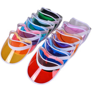 A collection of colourful plastic sun visors displayed in a row, featuring various vibrant shades and a white band.