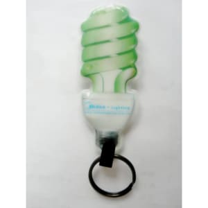A green and white PVC keyring shaped like a light bulb, featuring an attached keyring and a logo.