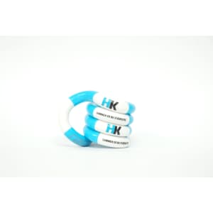 A set of four rubber bands in blue and white, featuring a logo and text.