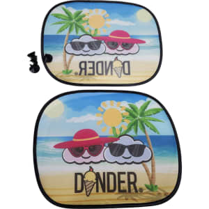Two vibrant sunshades featuring a beach scene with clouds wearing sunglasses and hats, decorated with palm trees.