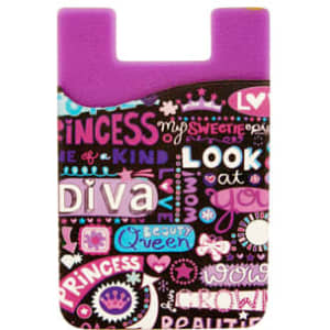 A purple silicone mobile phone pocket featuring a full-colour print with various playful text and designs.