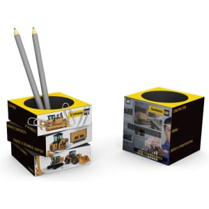 A black and yellow pen pot featuring images of machinery, holding two grey pencils and some paperclips.