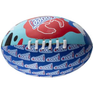 A medium soft footy ball in blue and red, featuring a logo and playful design.