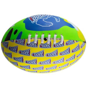 A small, soft footy ball featuring a vibrant green and blue design with a logo.
