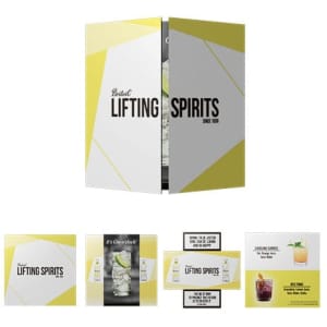 A promotional product featuring a yellow and white design, showcasing cocktail recipes with an accompanying logo.