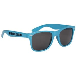 A pair of blue fashion sunglasses with dark lenses and a logo on the arm.