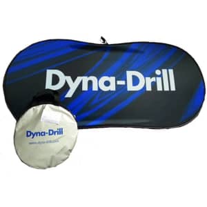 A sunshade with a blue and black design, featuring a logo, and a compact pouch for storage.