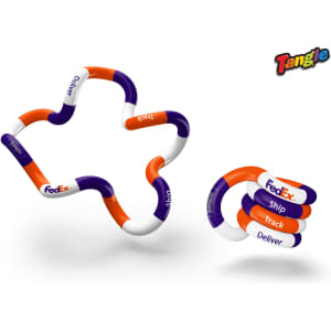 A Tangle toy in custom colours of orange, purple, and white, featuring a branded logo in the design.