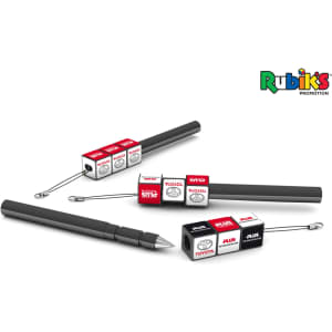 A set of black plastic pens featuring a Rubik's Cube design and a logo, arranged in various positions.