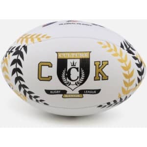 A size 5 rugby ball in white with black and gold detailing, featuring a logo and decorative leaf patterns.