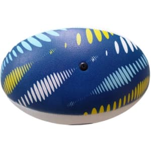 A size 5 training rugby ball featuring a blue and yellow design with abstract patterns and a small black dot.