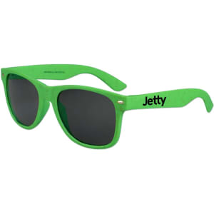 A pair of green sunglasses with black lenses and a logo on the arm.