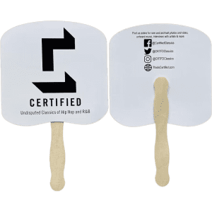 A cardboard fan with a white surface and a wooden handle, featuring a logo and social media handles.