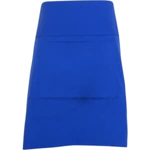 A blue short waist apron made of 100% cotton canvas with a front pocket. Features a branding logo.
