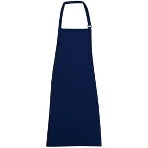 A full-bib apron made from 100% cotton canvas in navy blue, featuring a neck strap and an adjustable buckle.