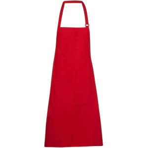 A solid red full-bib apron made from 100% cotton canvas, featuring an adjustable neck strap and no visible branding.