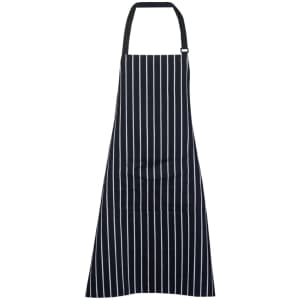 A striped full bib apron in black and white with an adjustable neck strap and a logo.