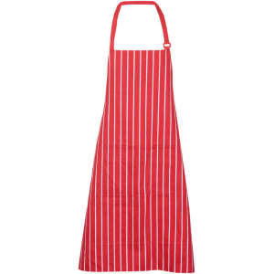 A red striped full bib apron with an adjustable neck strap and a logo.