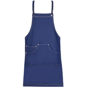 A full body denim apron featuring adjustable straps and three front pockets. The apron has a simple design and a branding logo.