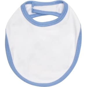 A white bib with light blue trim and an opening for the head. It features a logo in one corner.