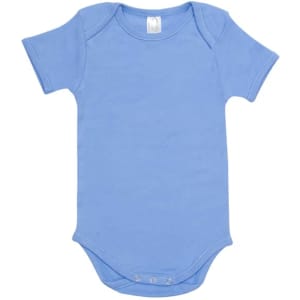 A baby short sleeve romper in light blue, featuring snap closures at the bottom and a logo.