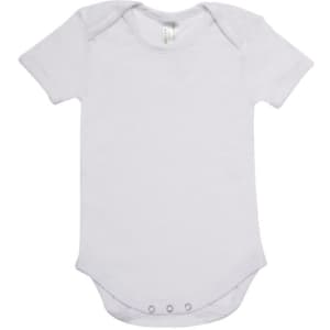 A white short sleeve romper with snap buttons at the bottom and a smooth, simple design.
