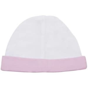 A white baby cap with a light pink folded brim, featuring a simple design. It has a branding logo.