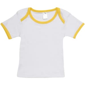 A white baby short sleeve tee with yellow trim around the neckline and sleeves, featuring a logo.