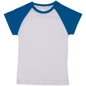 A babies' raglan T-shirt featuring a white body and blue sleeves. The shirt has a logo on the label.