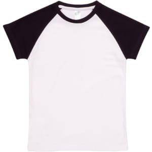 A babies' raglan T-shirt featuring white fabric with black sleeves and collar, designed for comfort and style.