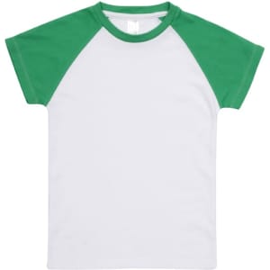 A baby raglan T-shirt featuring white fabric with green sleeves and a logo on the label.