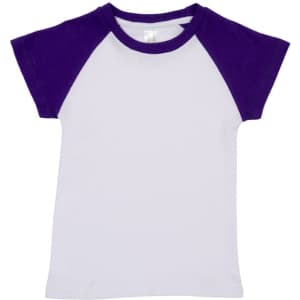 A raglan T-shirt in white with purple short sleeves, featuring a brand logo on the label.