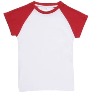 A babies' raglan T-shirt featuring a white body and red sleeves, designed for casual wear.