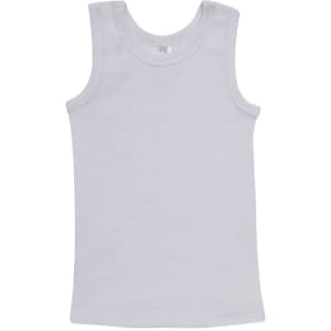 A white baby singlet featuring a sleeveless design and a simple, clean style, complete with a branding logo.
