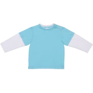 A kid's double sleeve T-shirt in light blue with white long sleeves, featuring a logo on the top left.